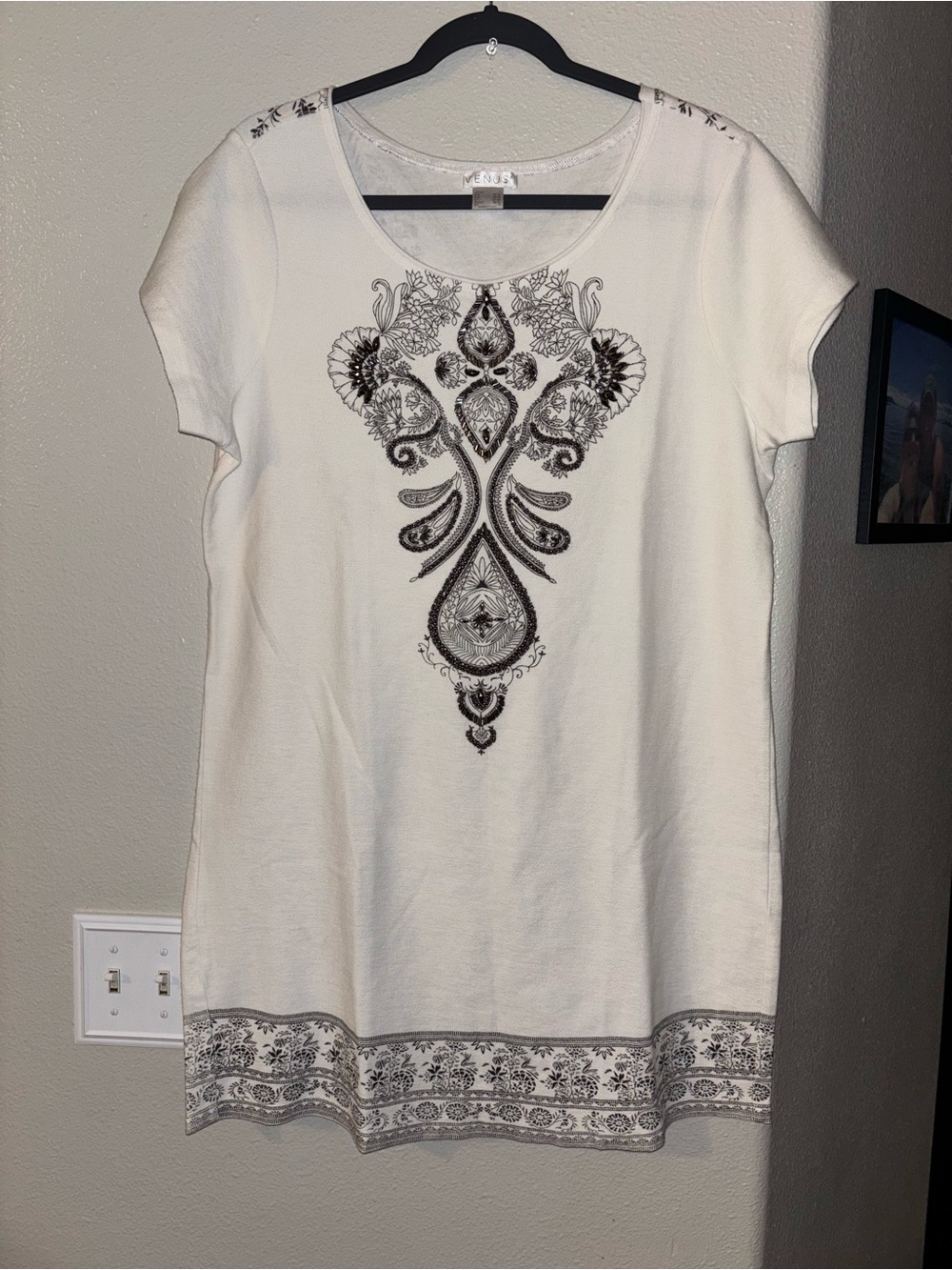 Venus Size L 100% Cotton Beaded Boho Tunic Dress Long Shirt White Black Large